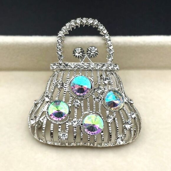 Silver with White Diamond and AB Crystal Lady Handbag Purse Pin Back Brooch - Picture 3 of 7